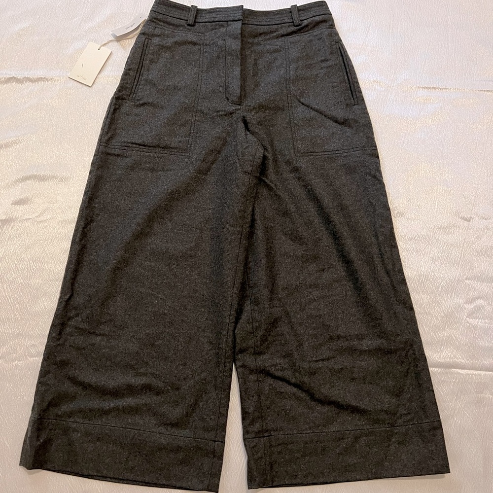 Charcoal colored, wide legged capris